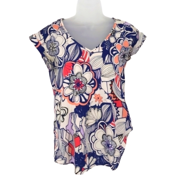 Express Blue and Red Floral Print Rolled Sleeve Blouse Size XS - Picture 1 of 6